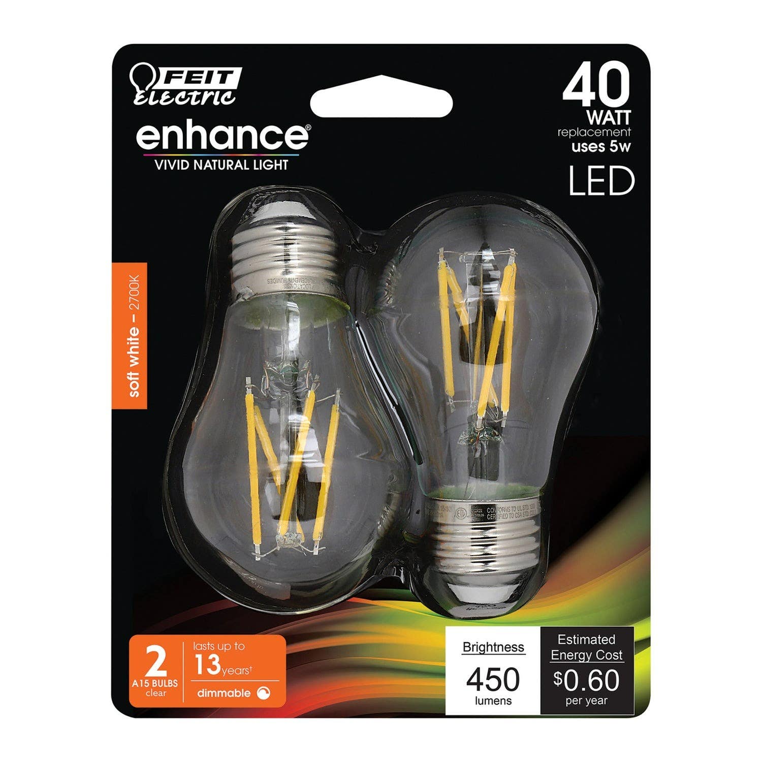 Feit Electric BPA1540927CAFIL/2/RP A15 Dimmable Glass Led Bulb,Filament Enhance,40W, 2Pk