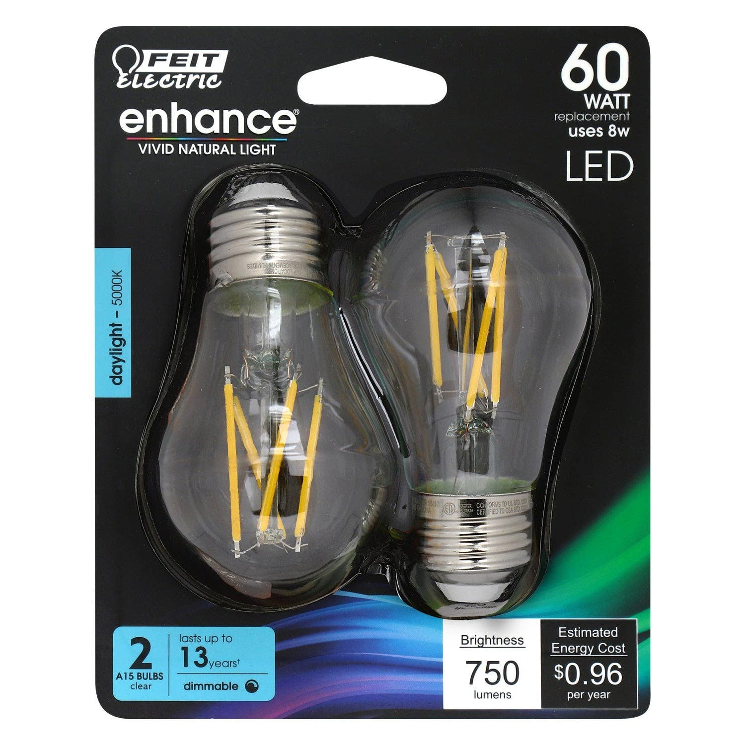 Feit Electric BPA1560950CAFIL/2/RP Led Bulb, Dimmable Enhance Glass Filament, 8.3W, 2Pk