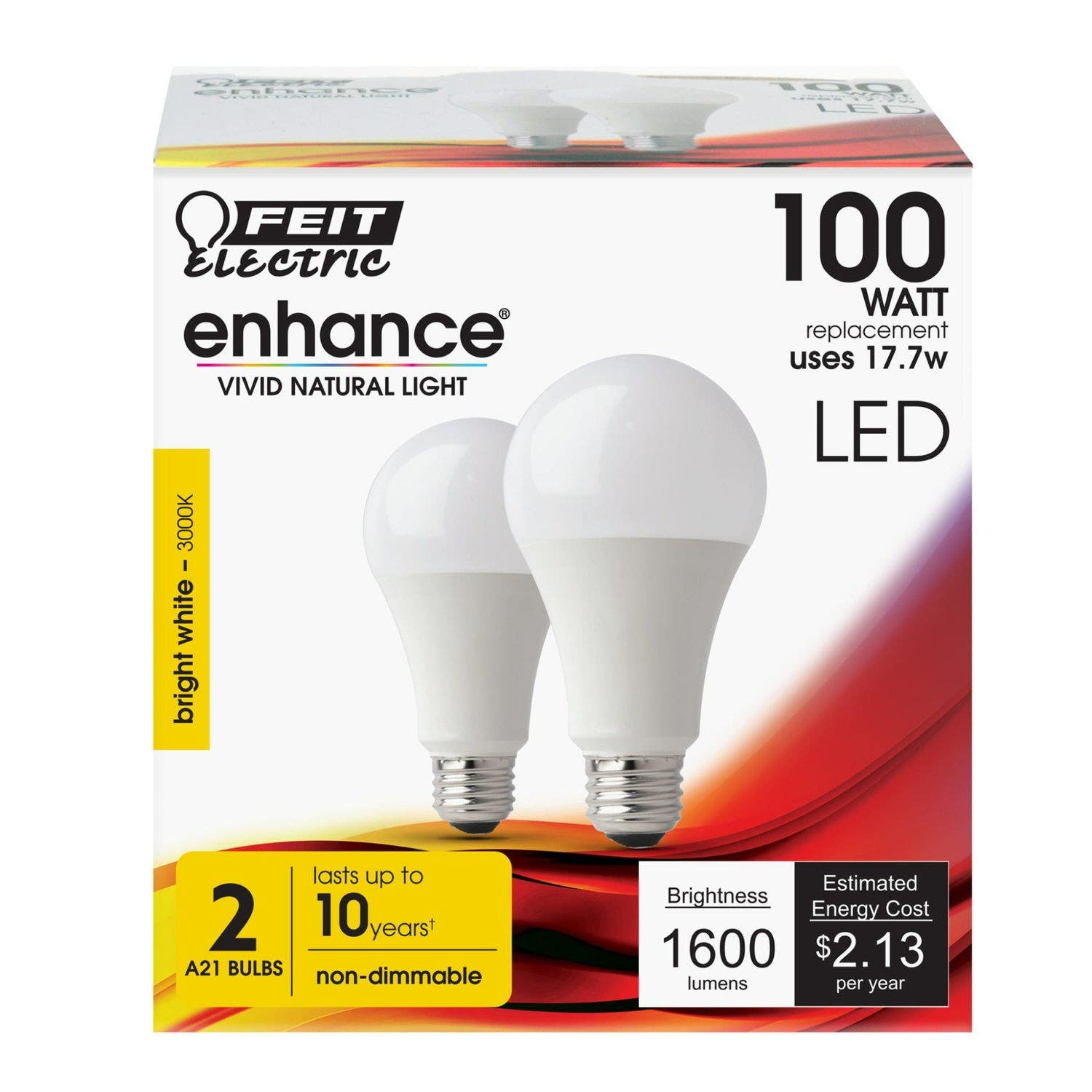 Feit Electric OM100/930CA10K/2 A21 Non-Dimmable 10K Led Light Bulb, 17.7W, 2-Pk