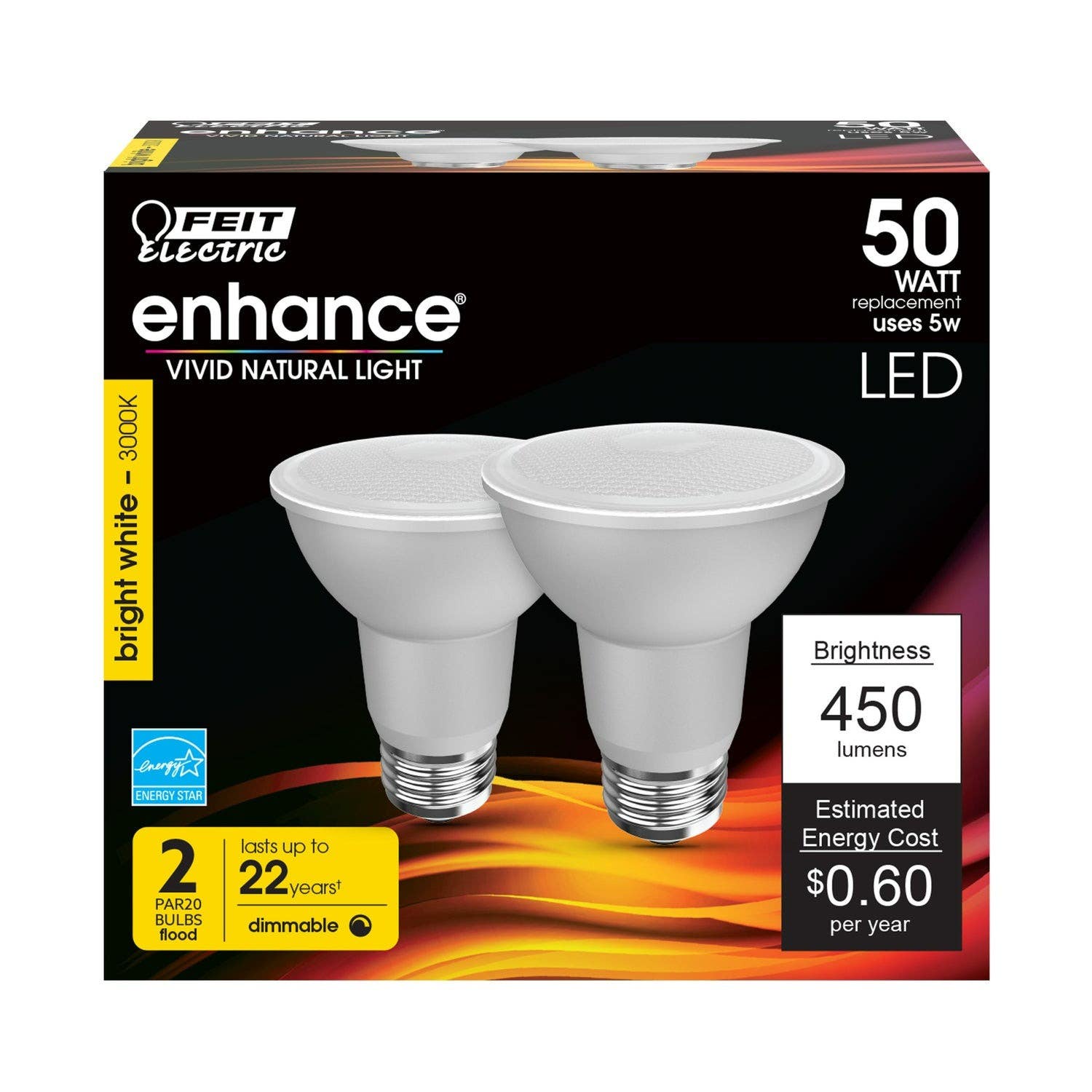 Feit Electric PAR20DM/930CA/2 Dimmable Enhance Reflector Led Bulb, 5W, 2pk