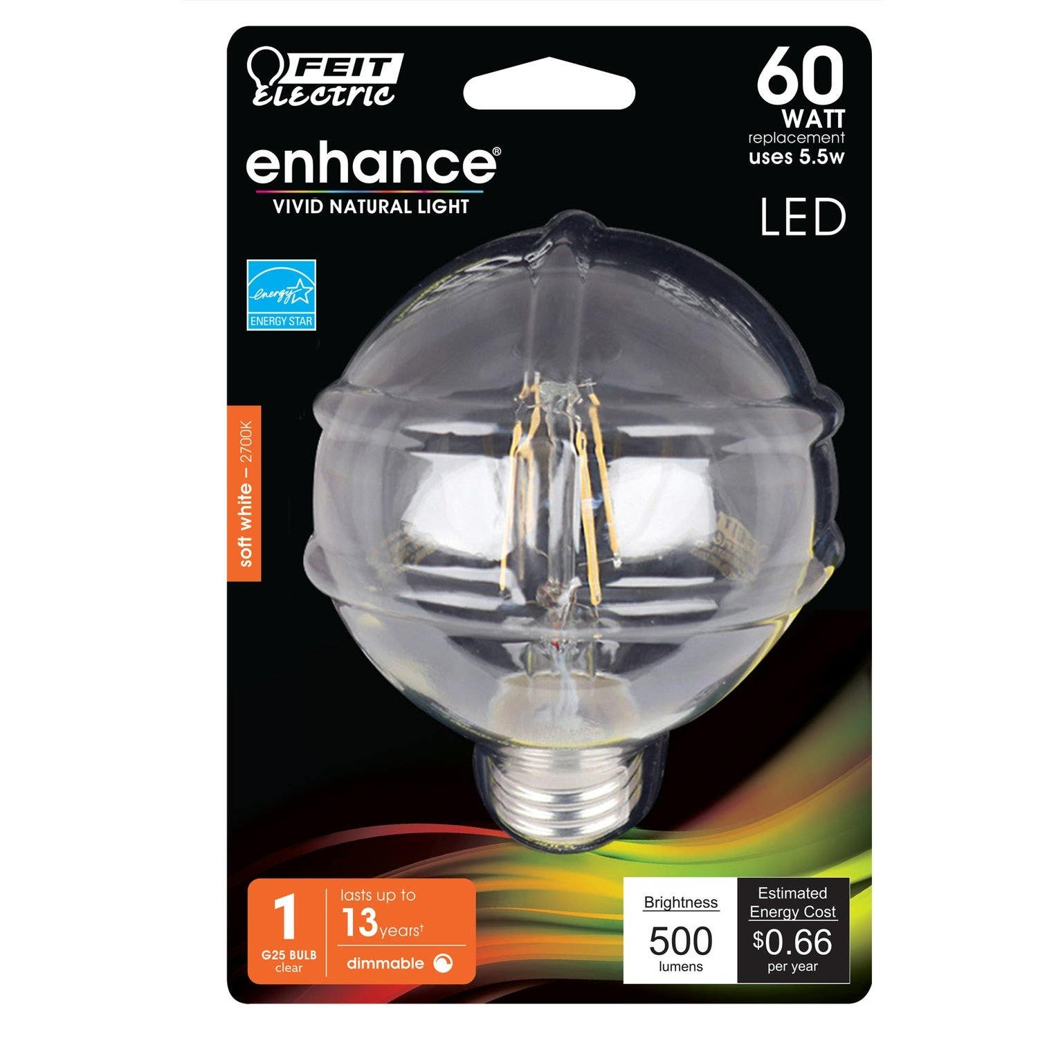 Feit Electric BPG2560/927CA/FIL/RP Dimmable Enhance Glass Filament Globe Led Bulb, 60W