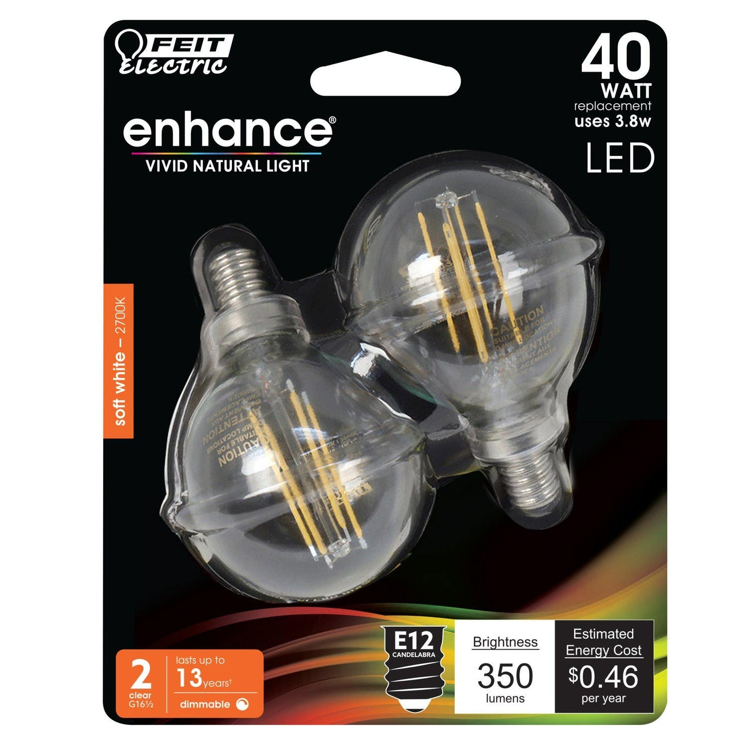 Feit Electric BPG1640927CAFIL/2/RP Glass Filament Globe Led Bulb,40W, 2pk