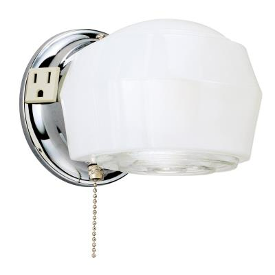 Westinghouse 66402 One-Light Indoor Wall Fixture w/ Ground Convenience Outlet and Pull Chain, Chrome, White & Crystal Glass