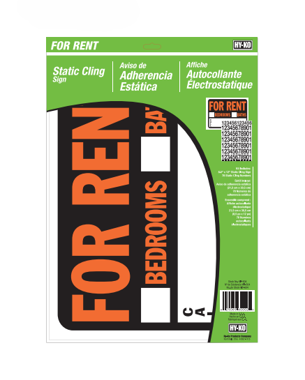 HY-KO Products KIT-604 8.5" x 12", For Rent Static Cling Sign Kit