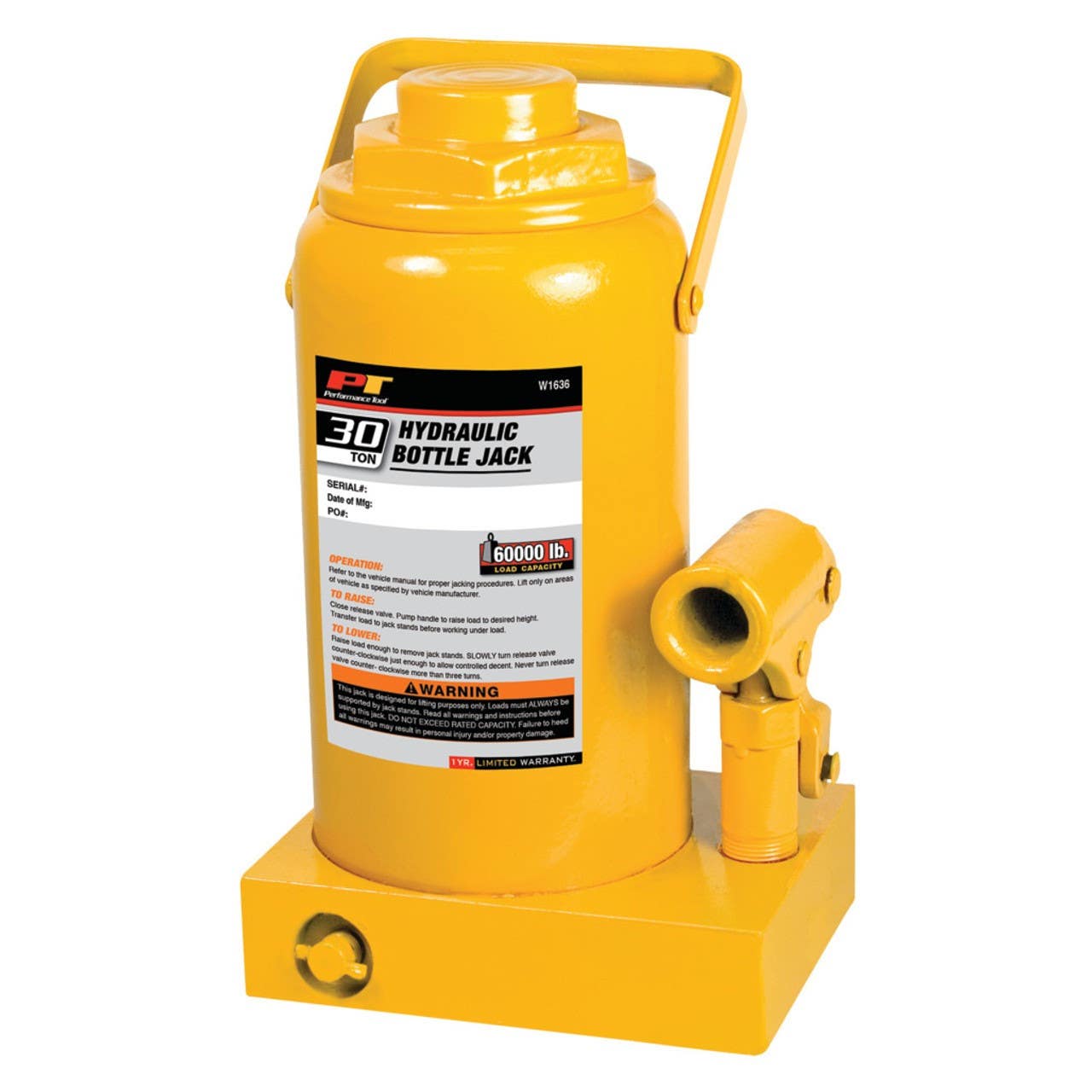 Performance Tool W1636 30 Ton Hydraulic Bottle Jack