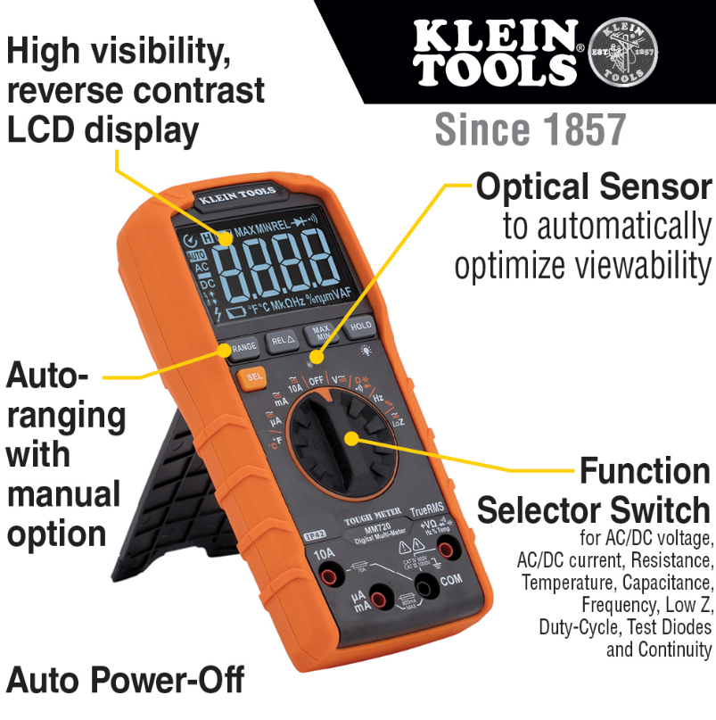 Klein Tools MM720 Digital Multimeter, TRMS Auto-Ranging, 1000V, Temp, Low Impedance
