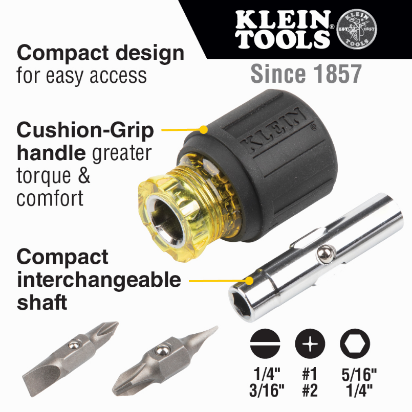 Klein Tools 32561 Multi-Bit Screwdriver / Nut Driver, 6-in-1, Stubby, Ph, Sl Bits