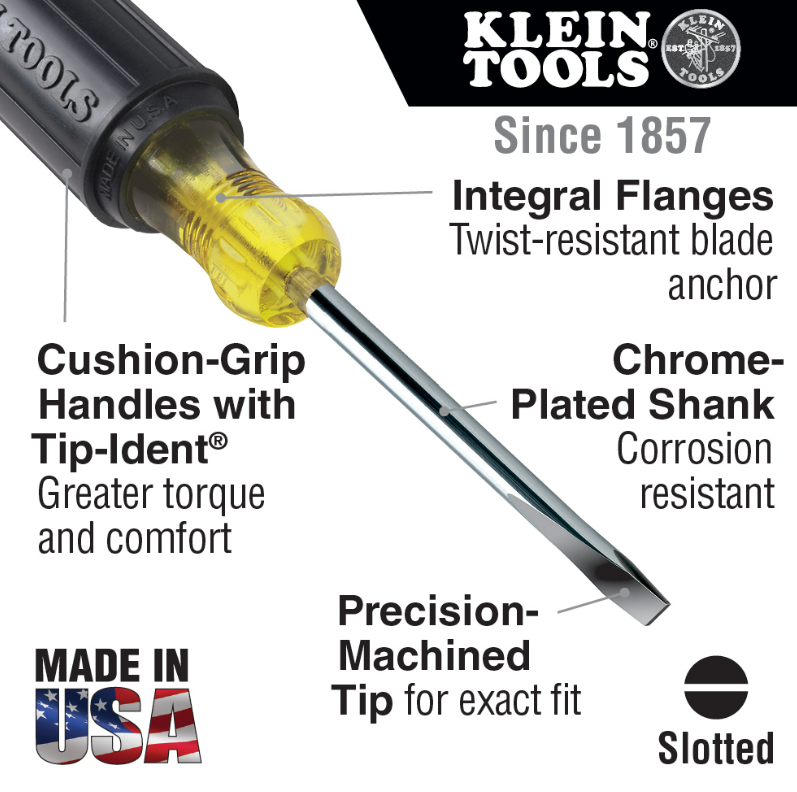 Klein Tools 601-4 3/16" Cabinet Screwdriver, 4" Round Shank