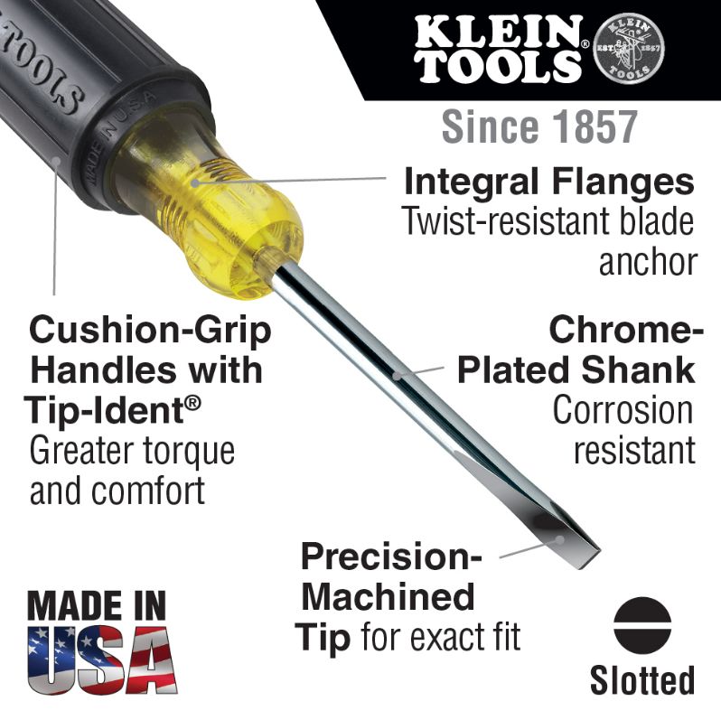 Klein Tools 601-8 3/16" Cabinet Screwdriver, 8" Round Shank