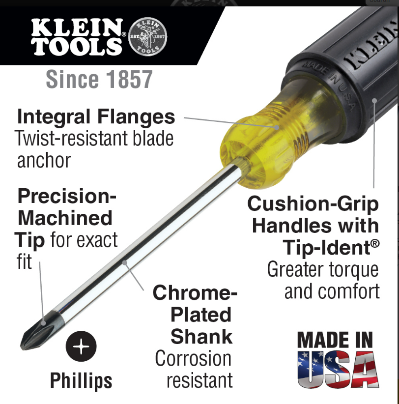 Klein Tools 603-4 2-Phillips Screwdriver, 4" Round Shank