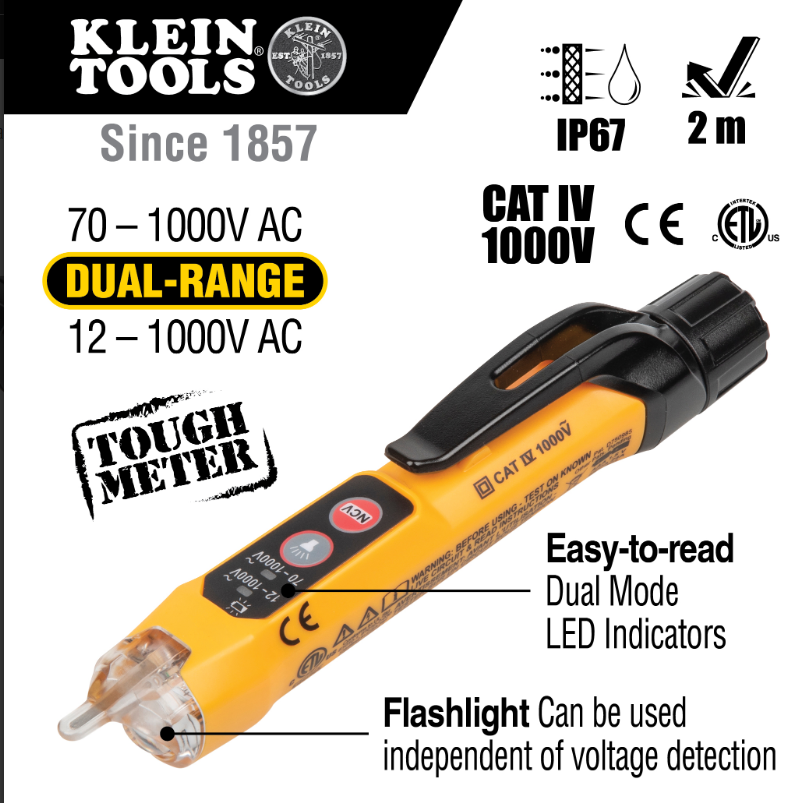 Klein Tools NCVT-3P Dual Range Non-Contact Voltage Tester with Flashlight, 12 - 1000V AC