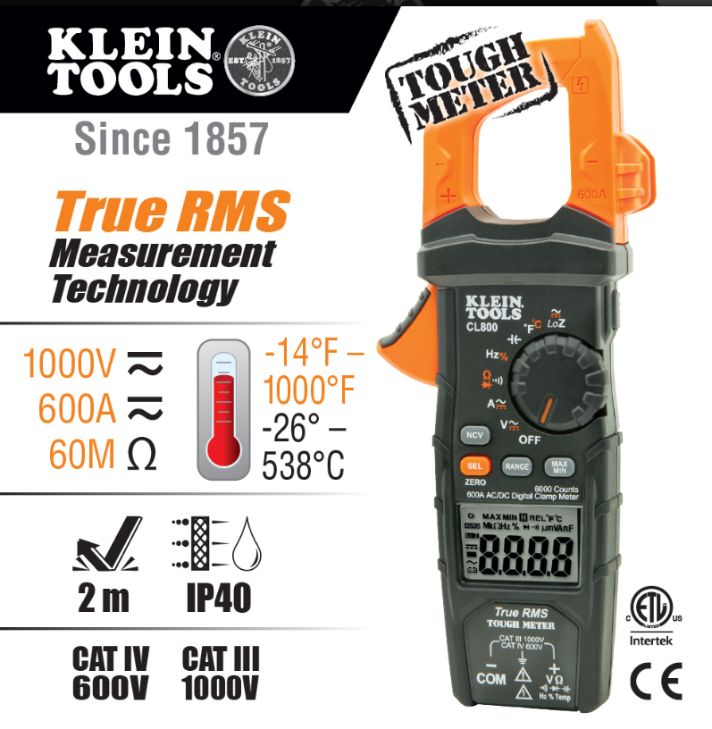 Klein Tools CL800 Digital Clamp Meter, AC Auto-Range TRMS, Low Impedance (LoZ), Auto Off