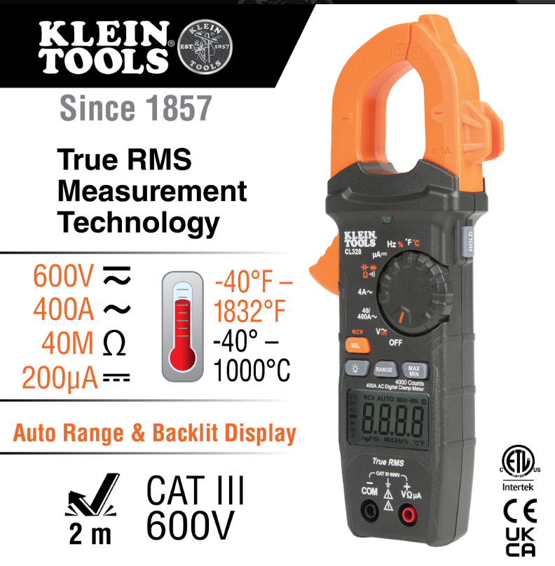 Klein Tools CL320 HVAC Digital Clamp Meter, AC Auto-Ranging 400 Amp