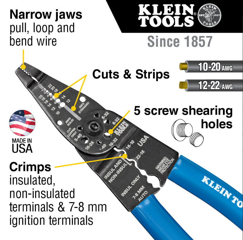Klein Tools 1010 Long Nose Multi Tool Wire Stripper, Wire Cutters, Crimping Tool