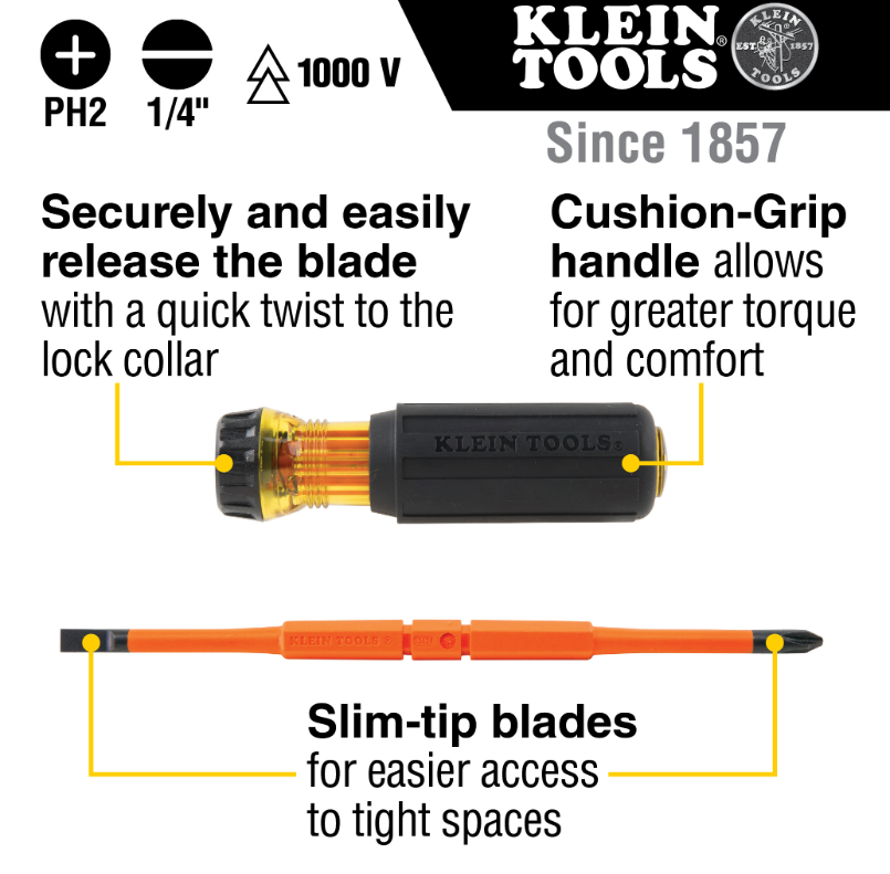 Klein Tools 32293 lip-Blade Insulated Screwdriver, 2-in1, Ph Bit- 2, Sl Bit 1/4"