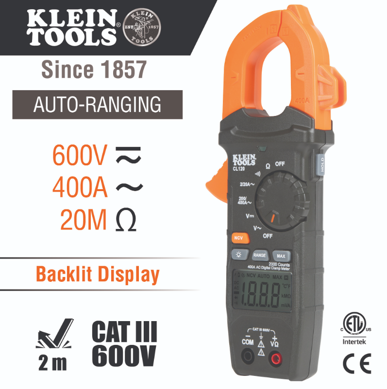 Klein Tools CL120 Digital Clamp Meter, AC Auto-Ranging 400 Amp