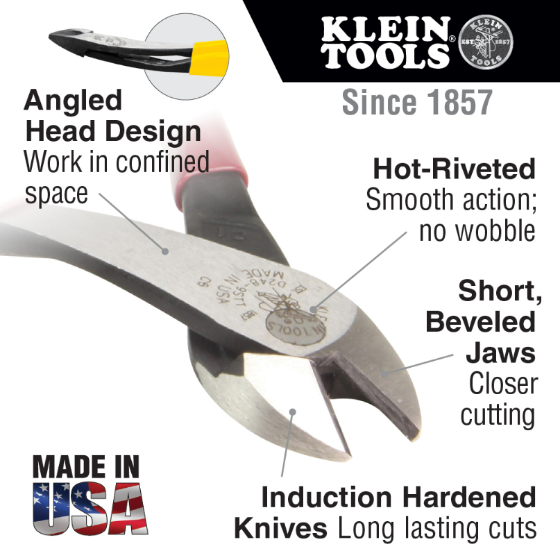 Klein Tools D248-8 Diagonal Cutting Pliers, Angled Head, Short Jaw, 8"