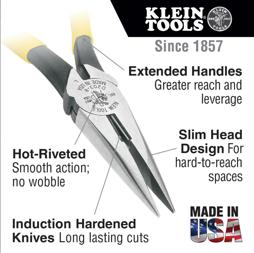 Klein Tools D203-6 Pliers, Needle Nose Side-Cutters, 6"