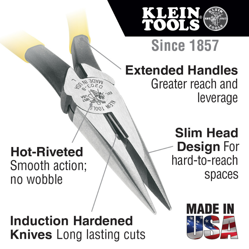 Klein Tools D203-8 Pliers, Needle Nose Side-Cutters, 8"