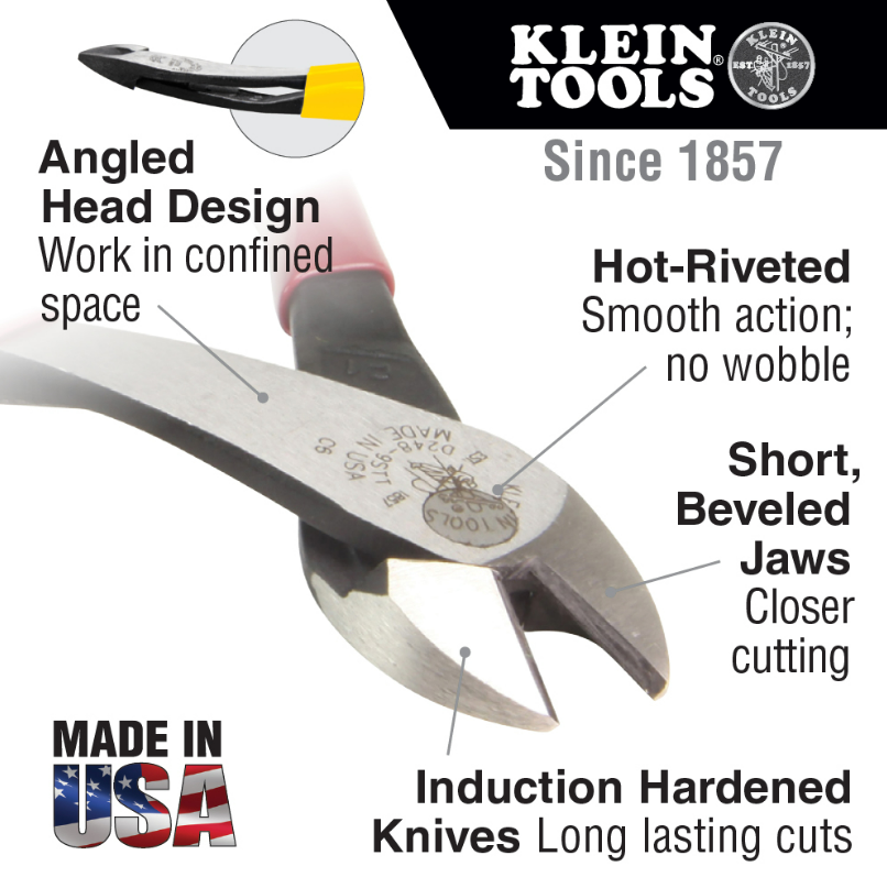 Klein Tools J2000-48 Diagonal Cutting Pliers, Heavy-Duty, Angled Head, 8"