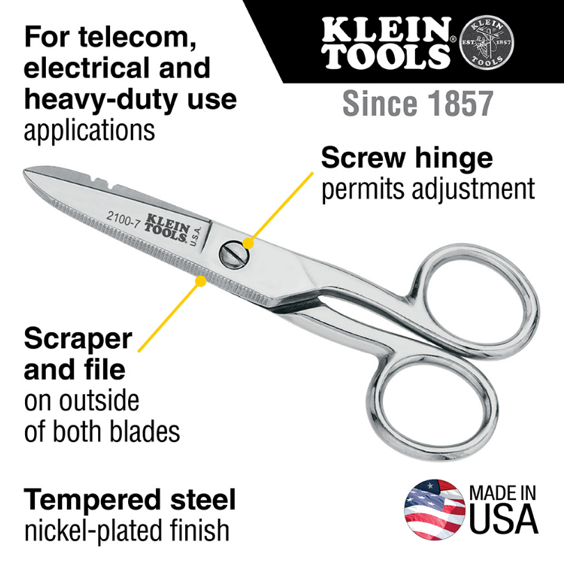 Klein Tools 2100-7 Electrician's Scissors, Nickel Plated