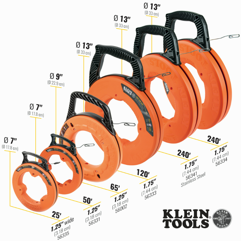 Klein Tools 56002 1/8" Wide Steel Fish Tape 65'