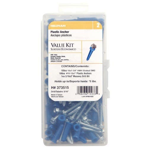 Hillman 373515 Blue Conical Plastic Anchors w/ Hex Washer-Head Screws Kit (10-12 X 1") 201 Piece