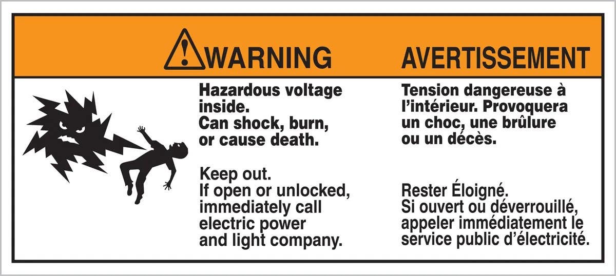 AccuformNMC FBLELC396 French Bilingual Warning Electrical Safety Label, Hazardous Voltage Inside…, Adhesive Dura-Vinyl
