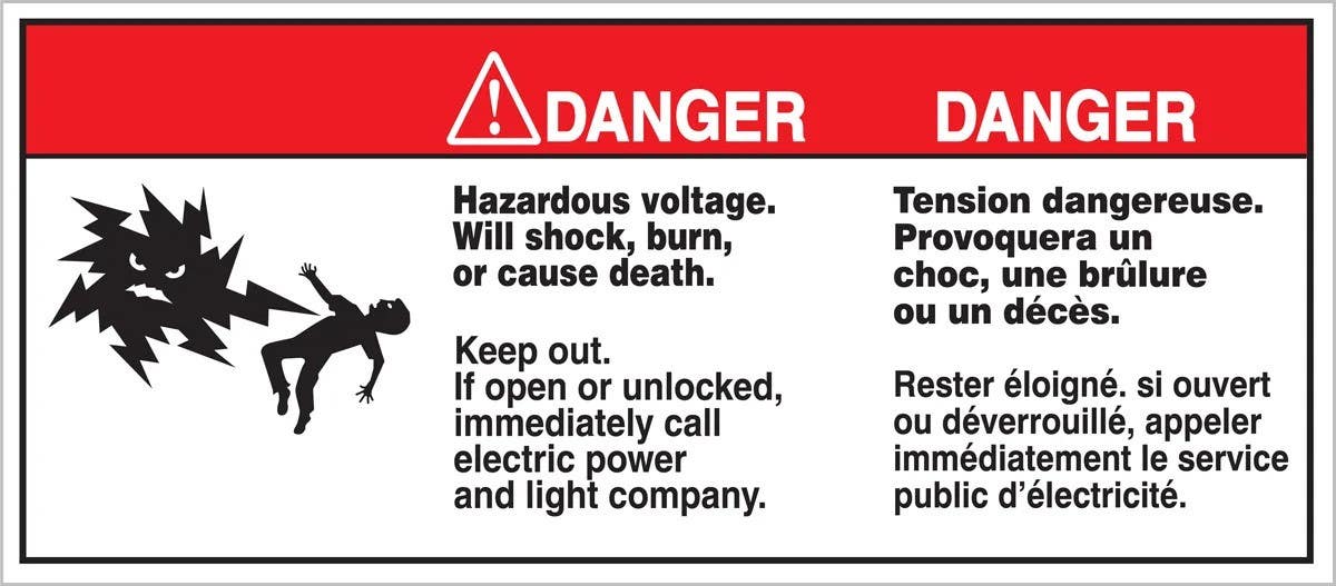 AccuformNMC FBLELC191 French Bilingual Danger Electrical Safety Label, Hazardous Voltage…, Adhesive Dura-Vinyl