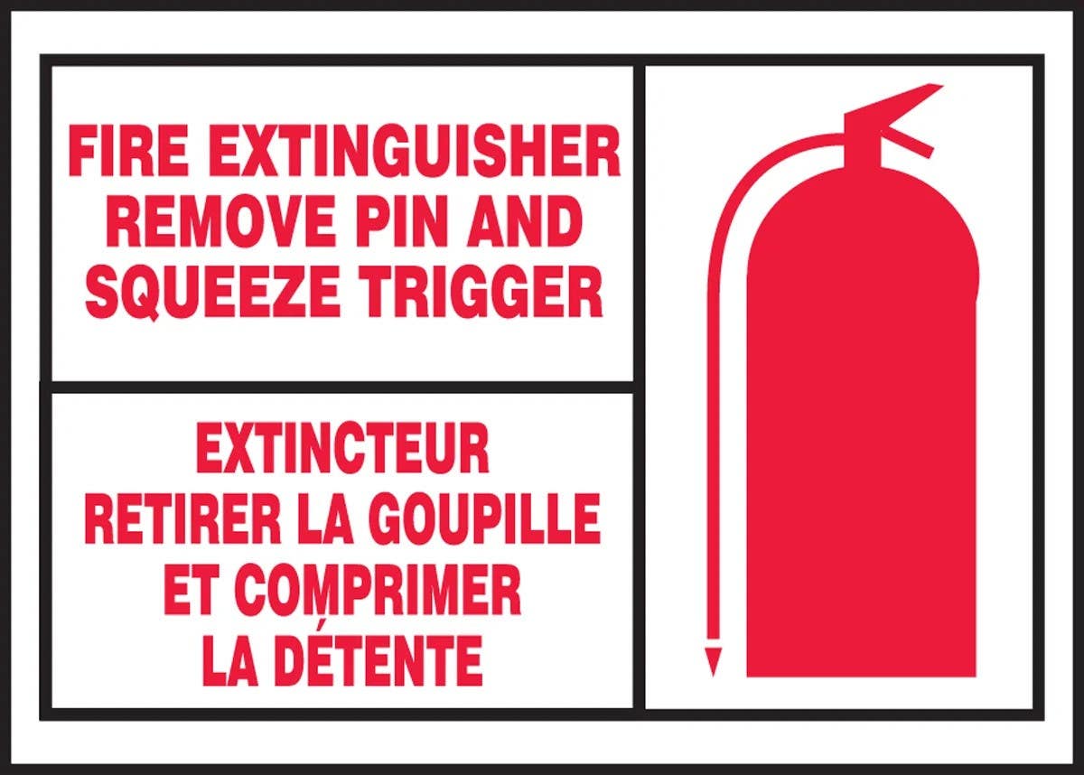 AccuformNMC FBLFXG513XVE Bilingual Fire Extinguisher Remove Pin & Squeeze Trigger Label, Adhesive Dura-Vinyl, 3-1/2" H x 5" W
