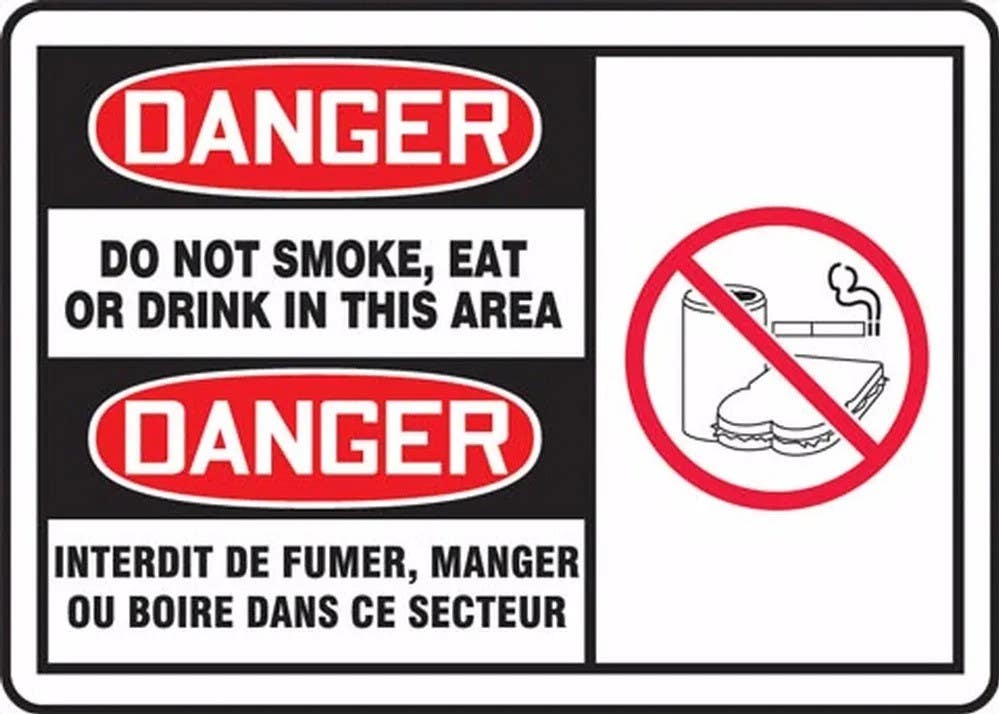 AccuformNMC FBLSMK002XVE Bilingual Danger, Do Not Smoke, Eat Or Drink In This Area, Adhesive Dura Vinyl