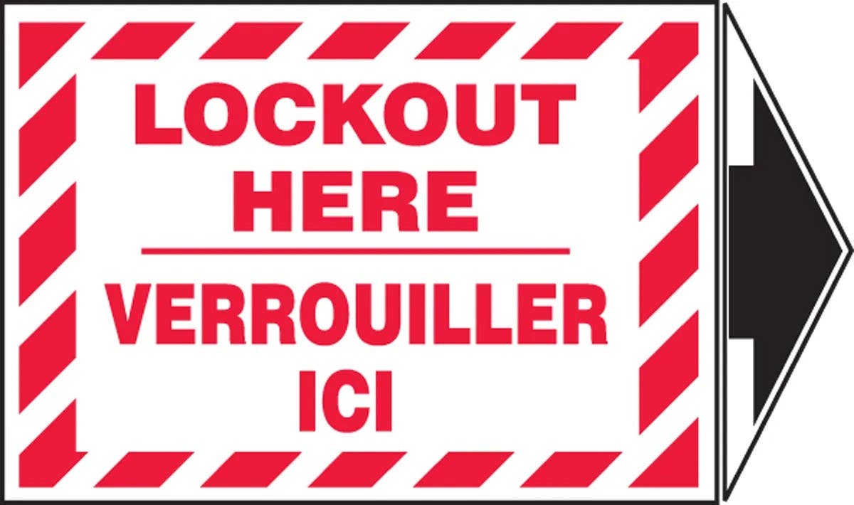 AccuformNMC FBLSPS509XVE Bilingual Lockout/Tagout Label, Lockout Here w/ Arrow, Adhesive Dura-Vinyl, 3-1/2" H x 5" W + Arrow
