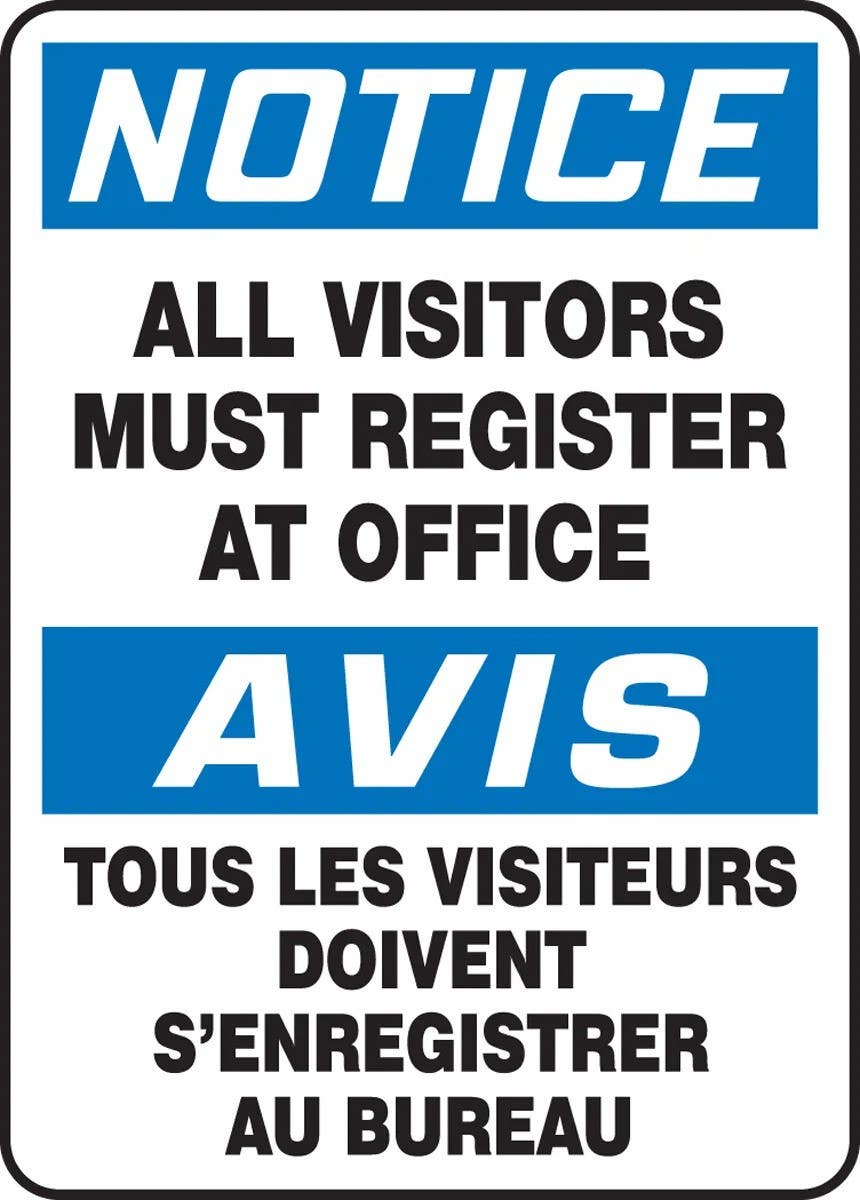 AccuformNMC FBMAD Bilingual OSHA Notice Safety Sign, All Visitors Must Register At Office