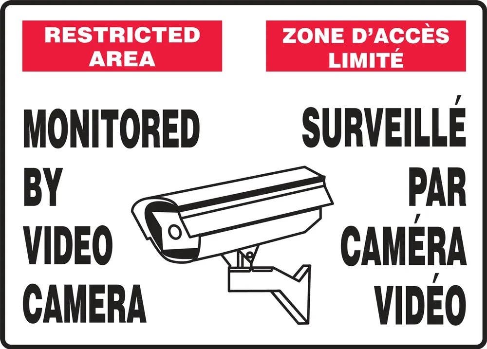 AccuformNMC FBMASE903M Bilingual Restricted Area Safety Sign, Monitored By Video Camera, 10" H x 14" W