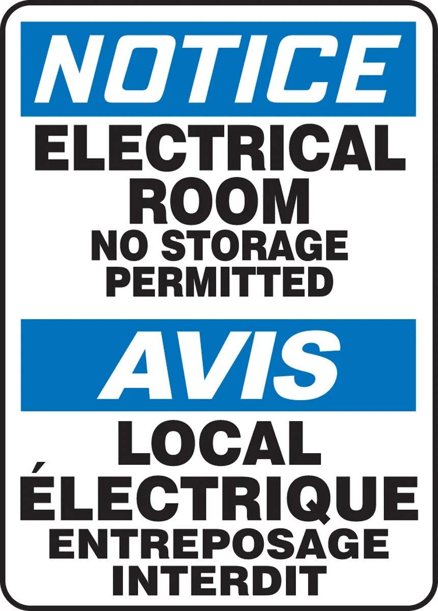 AccuformNMC FBMELC Bilingual Safety Sign, Notice, Electrical Room, No Storage Permitted