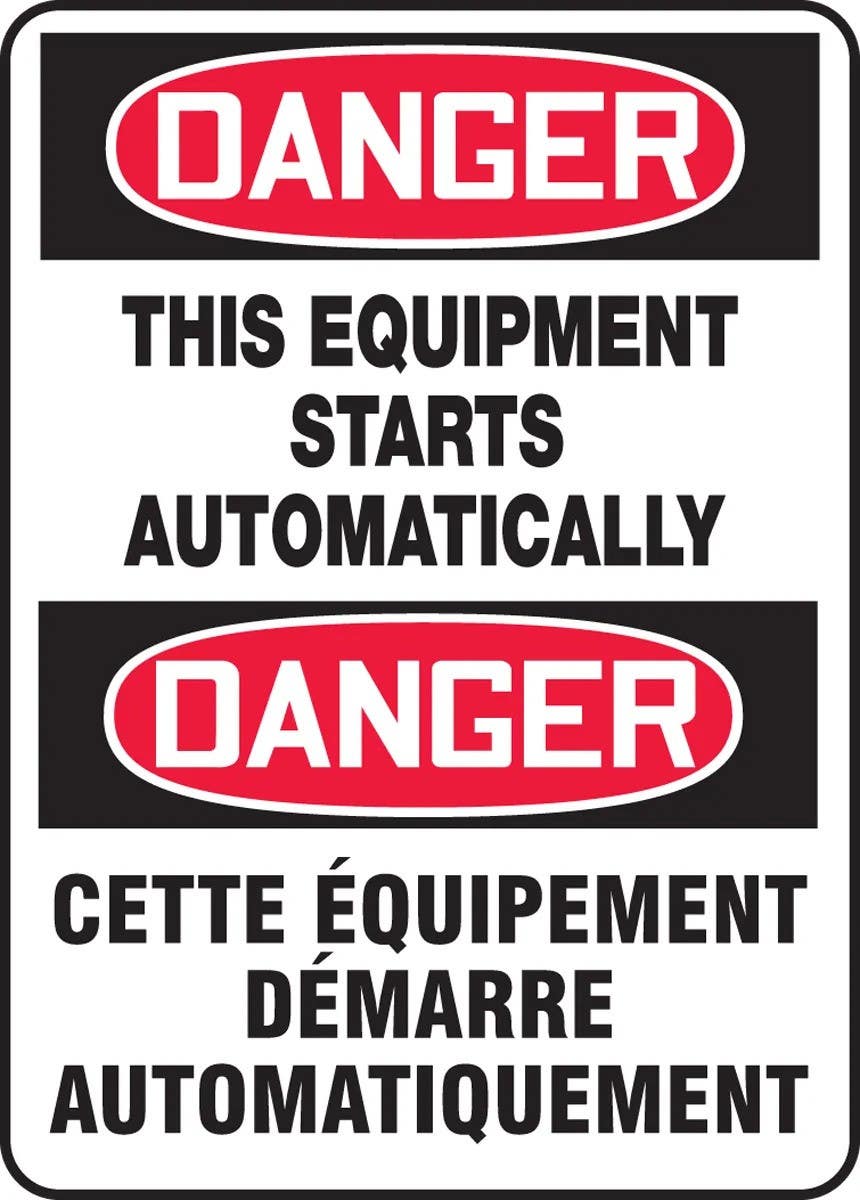 AccuformNMC FBMEQM Bilingual Safety Sign, Danger, This Equipment Starts Automatically