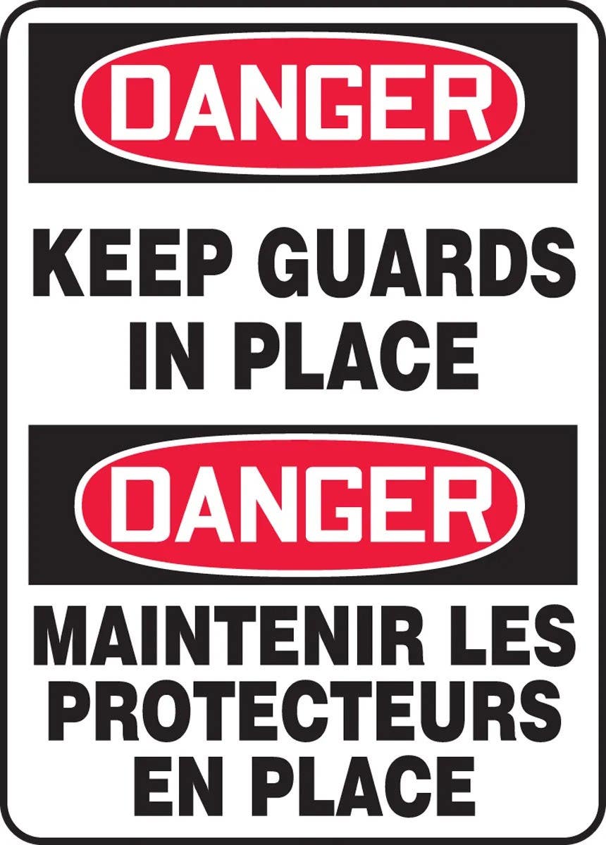 AccuformNMC FBMEQM158 Bilingual French Sign, Danger, Keep Guards In Place, 14" H x 10" W
