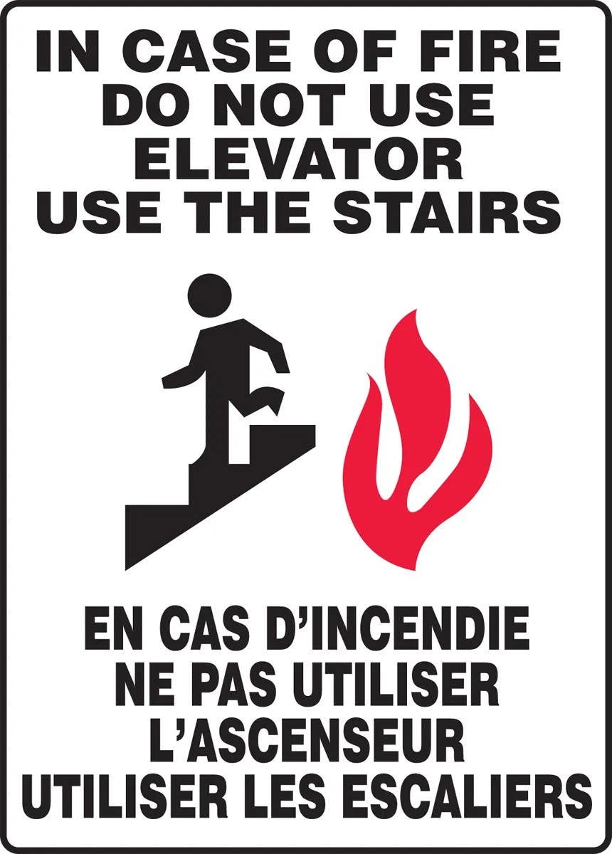 AccuformNMC FBMEXT Bilingual Safety Sign, In Case Of Fire Do Not Use Elevator Use The Stairs