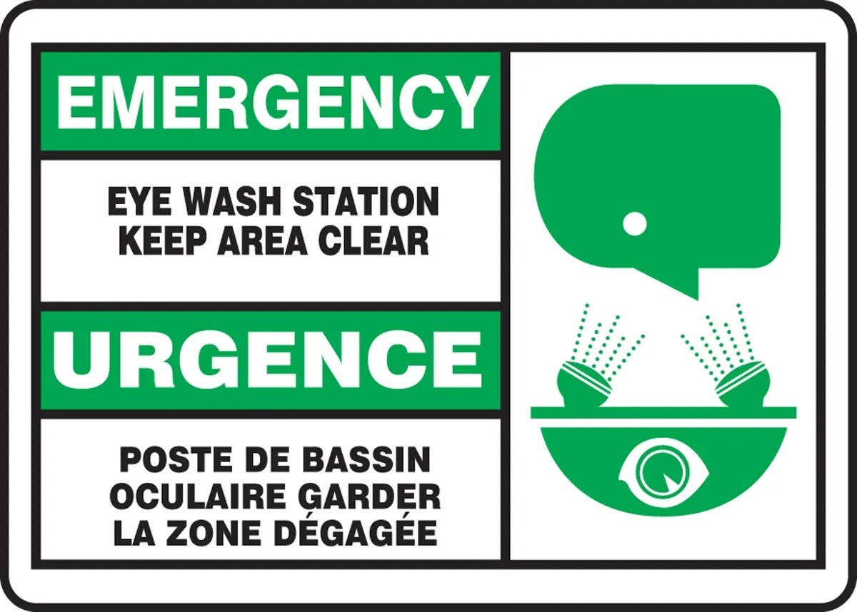 AccuformNMC FBMFSD Bilingual French Sign, Emergency, Eye Wash Station, Keep Area Clear