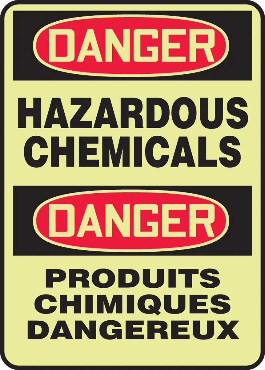 AccuformNMC FBMLCH109 OSHA Danger Bilingual Glow Safety Sign, Hazardous Chemicals..., 14" H x 10" W