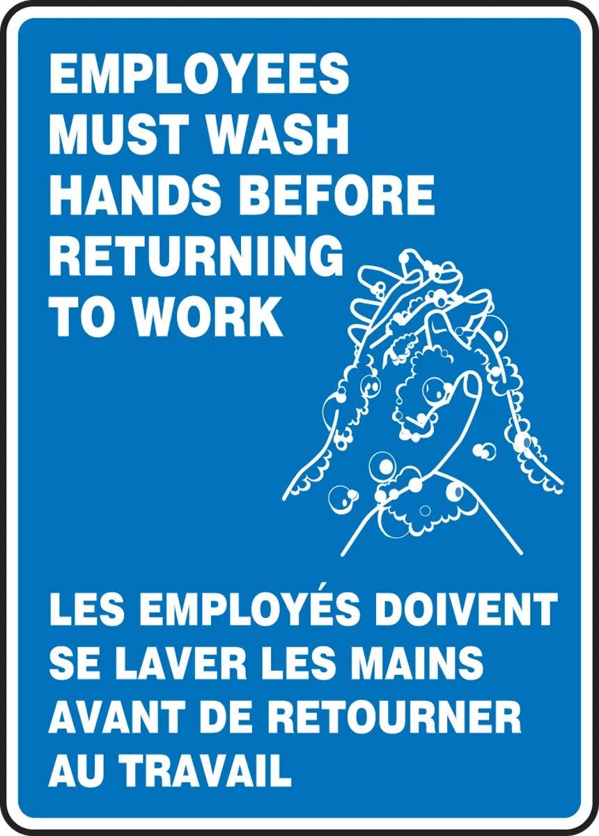 AccuformNMC FBMRST French Bilingual Safety Sign, Employees Must Wash Hands Before Returning To Work