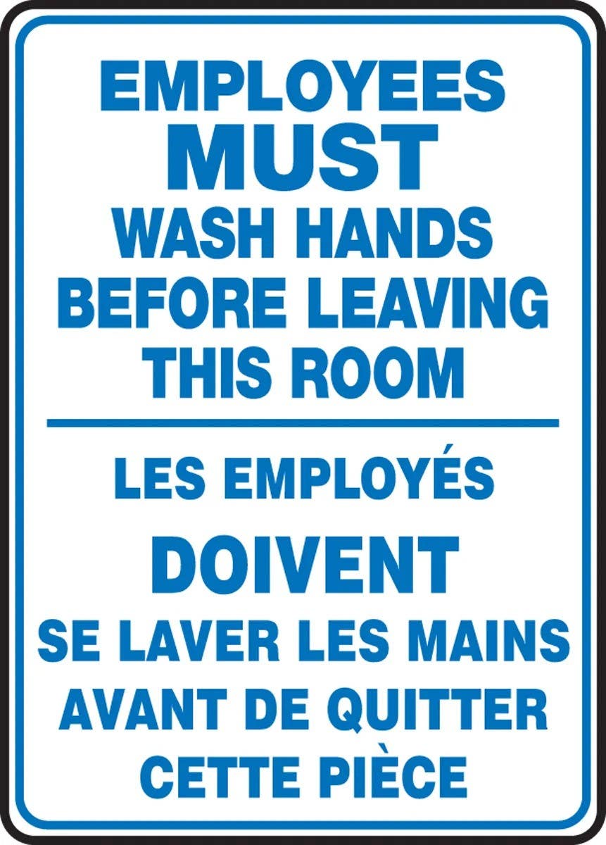 AccuformNMC FBMRST578 Bilingual French Sign, Employees Must Wash Hands Before Leaving This Room, 14" H x 10" W