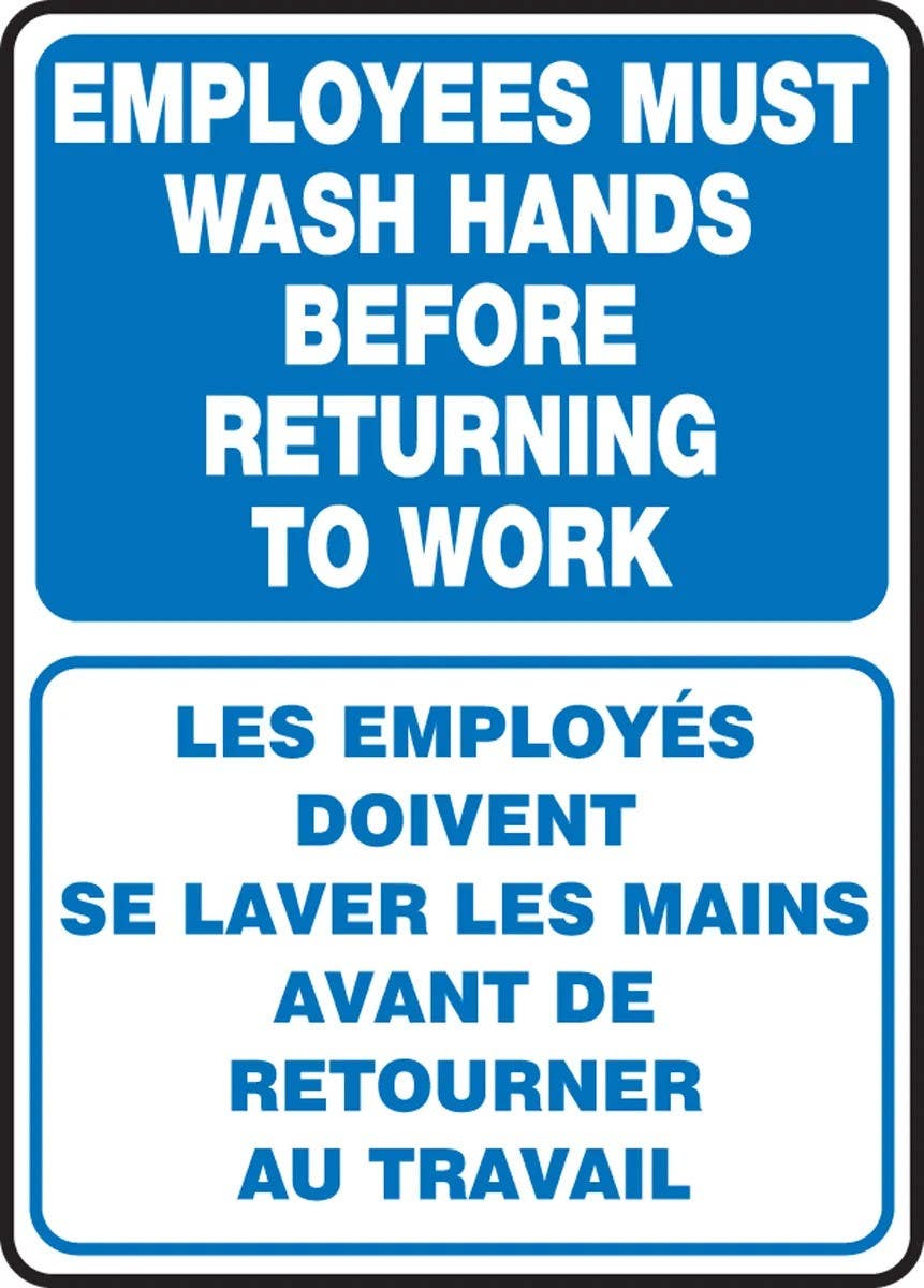 AccuformNMC FBMRST579 Bilingual French Sign, Employees Must Wash Hands Before Returning To Work, 14" H x 10" W