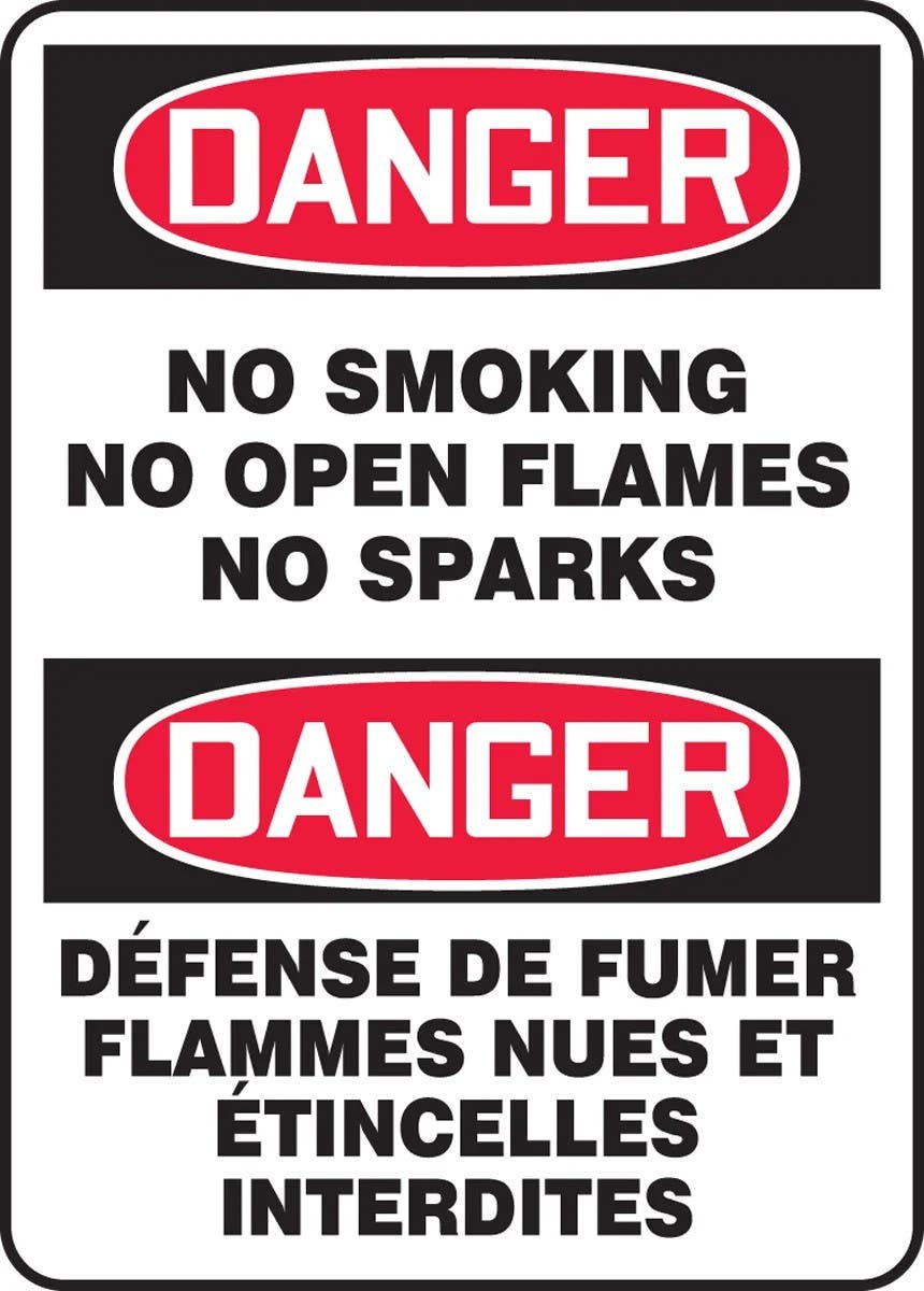 AccuformNMC FBMSMK French Bilingual OSHA Danger Smoking Control Sign, No Smoking, No Open Flames, No Sparks