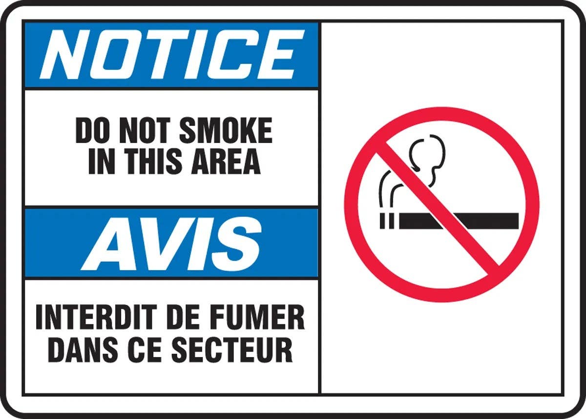AccuformNMC FBMSMK French Bilingual OSHA Notice Smoking Control Sign, Do Not Smoke In This Area