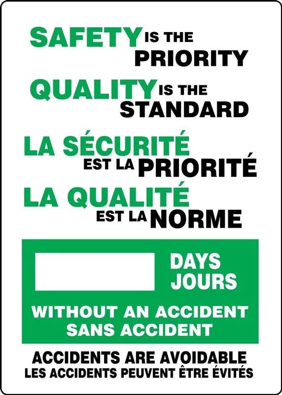 AccuformNMC FBMSR Bilingual Write-A-Day Scoreboards, Safety Is The Priority, Quality Is The Standard…