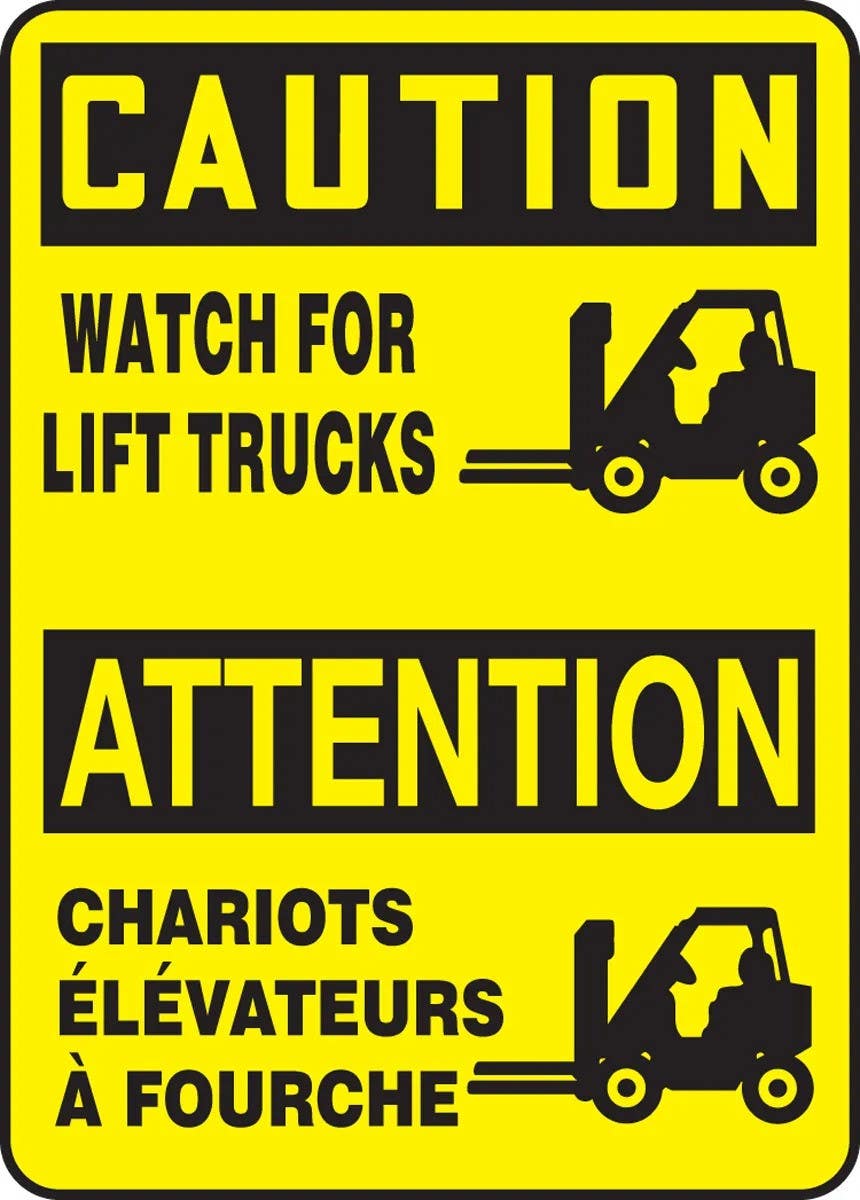 AccuformNMC FBMVHR600 Bilingual Safety Sign, Caution, Watch For Lift Trucks, 14" H x 10" W