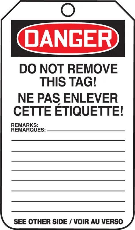 AccuformNMC FBTAM Bilingual French OSHA Danger Safety Tag, Do Not Operate, 4-1/4" H x 2-1/8" W, 25/Pk