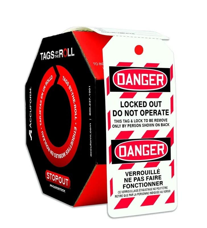 AccuformNMC FBTAR462 Bilingual OSHA Danger Tags By-The-Roll, Locked Out Do Not Operate, PF-Cardstock, 100/Roll
