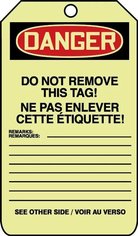 AccuformNMC FBTAW118 Glow Bilingual OSHA Danger Safety Tag, Do Not Operate, 5" H x 3" W, 10/Pk